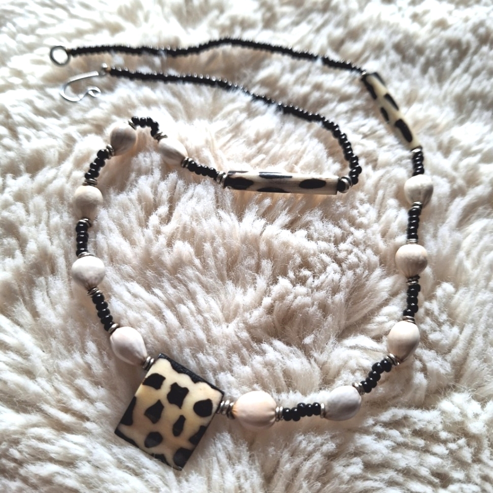 Ecuadorian Black and Cream Enameled Wood Bead Lagrima De San Pedro Necklace